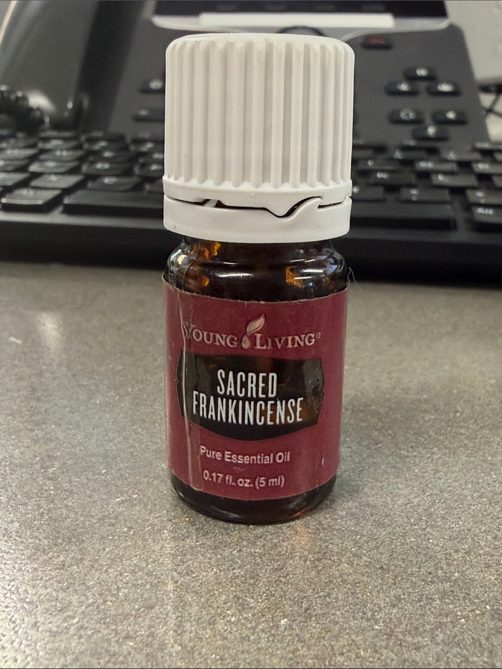 Young Living Sacred Frankincense Pure Essential Oil in the 5 mL size.